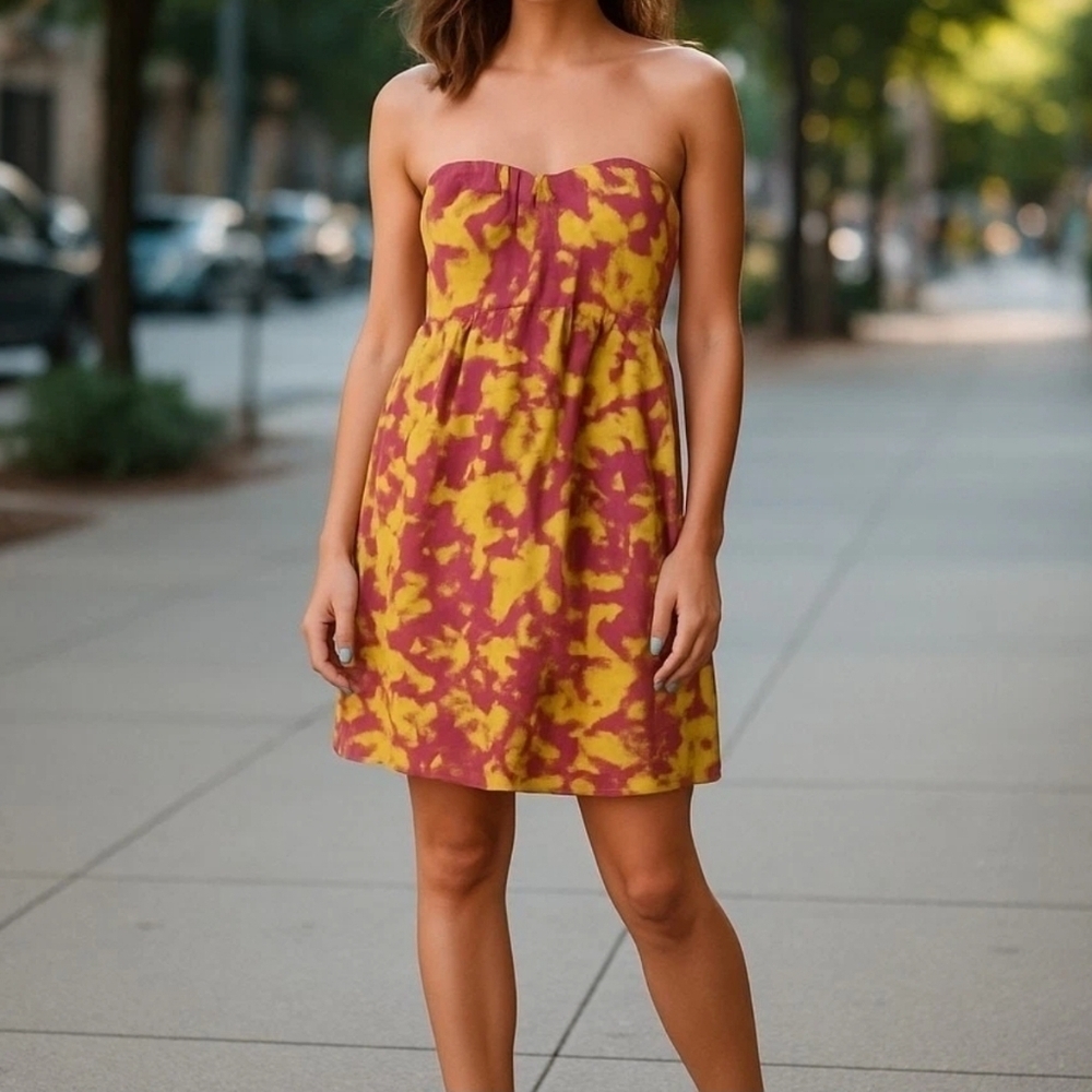 Jay Godfrey 100% Silk Strapless Mini Dress, Yellow Pink/Purple Ink Print Size 2